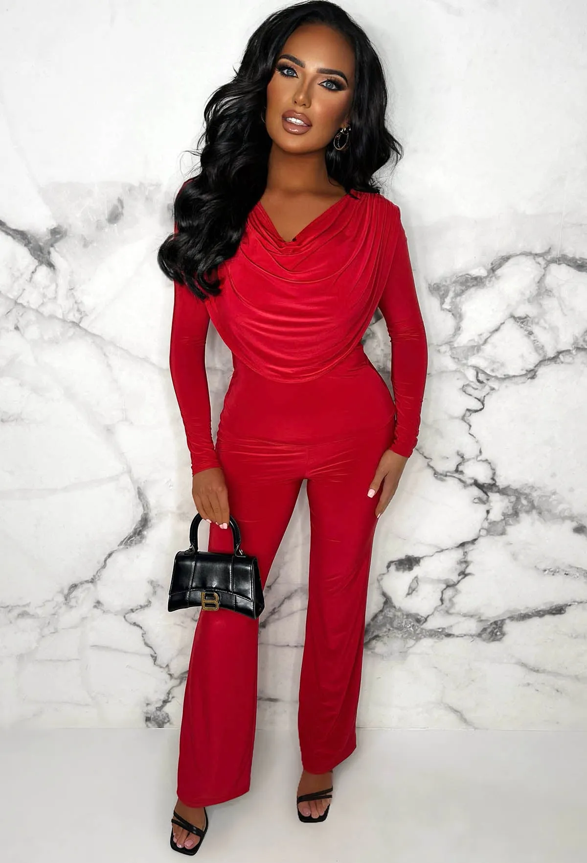 Beyond Chic Red Cowl Neck Long Sleeve Double Layer Two Piece Loungewear Set