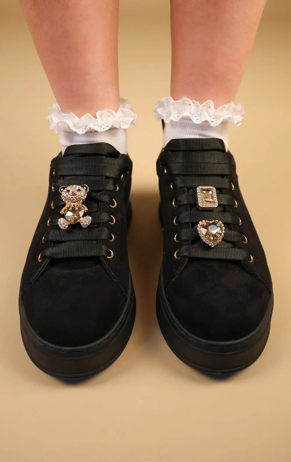 Black Faux Suede Flatform With Decorative Details Trainers