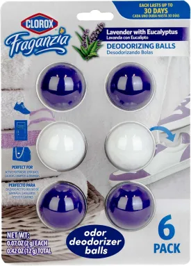 Clorox Fraganzia Deodorizing Balls, Lavender with Eucalyptus Scent - Battery Free Air Refresher, Odor Eliminators for Shoes, Gym Bag, Closet, Locker, Hamper, and Drawer Odor Deodorizers, 6 Count