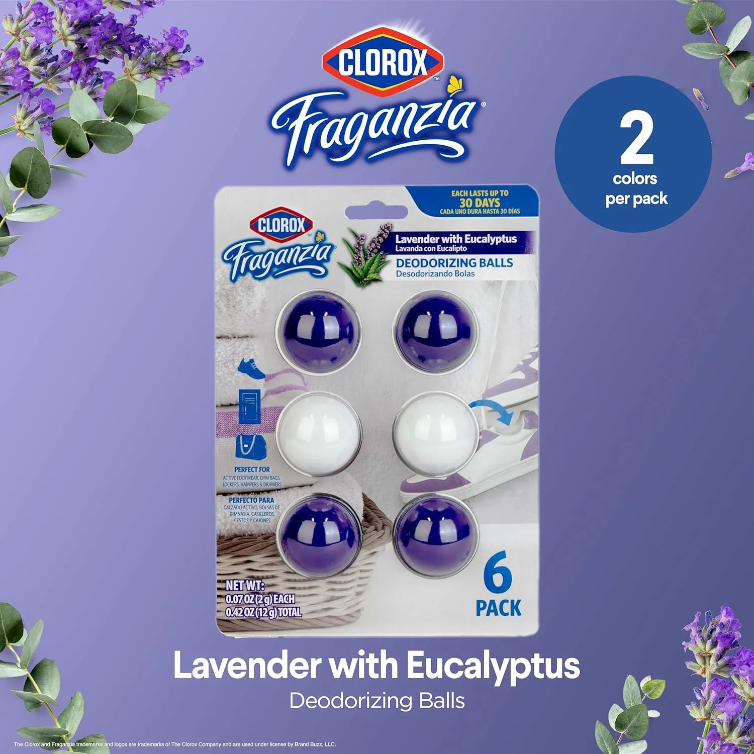 Clorox Fraganzia Deodorizing Balls, Lavender with Eucalyptus Scent - Battery Free Air Refresher, Odor Eliminators for Shoes, Gym Bag, Closet, Locker, Hamper, and Drawer Odor Deodorizers, 6 Count