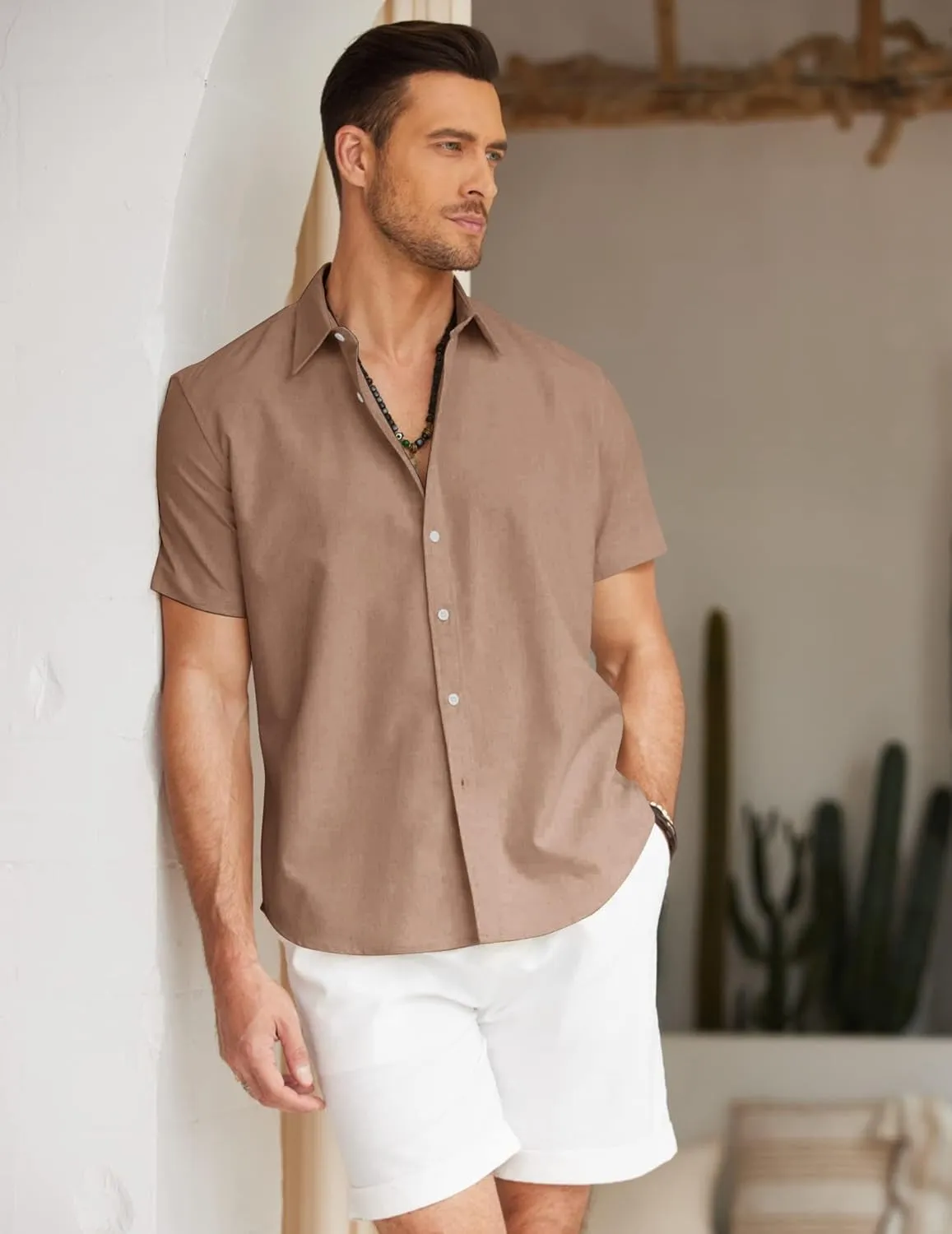 COOFANDY Men's Linen Casual Short Sleeve Shirt Button Down Summer Beach Wedding Shirts
