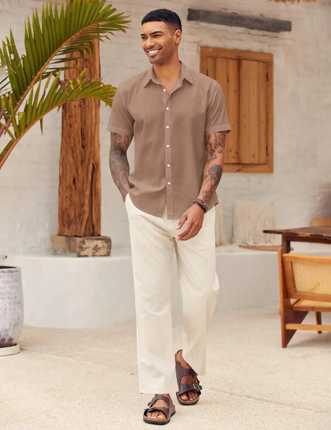 COOFANDY Men's Linen Casual Short Sleeve Shirt Button Down Summer Beach Wedding Shirts