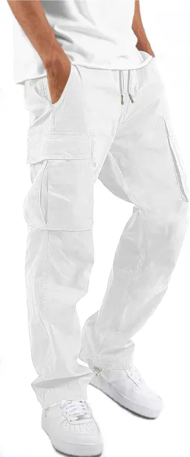 HUNGSON Mens Cargo Pants Drawstring Casual Hiking Pants Joggers Athletic Trousers Cotton Loose Straight Sweatpants for Men