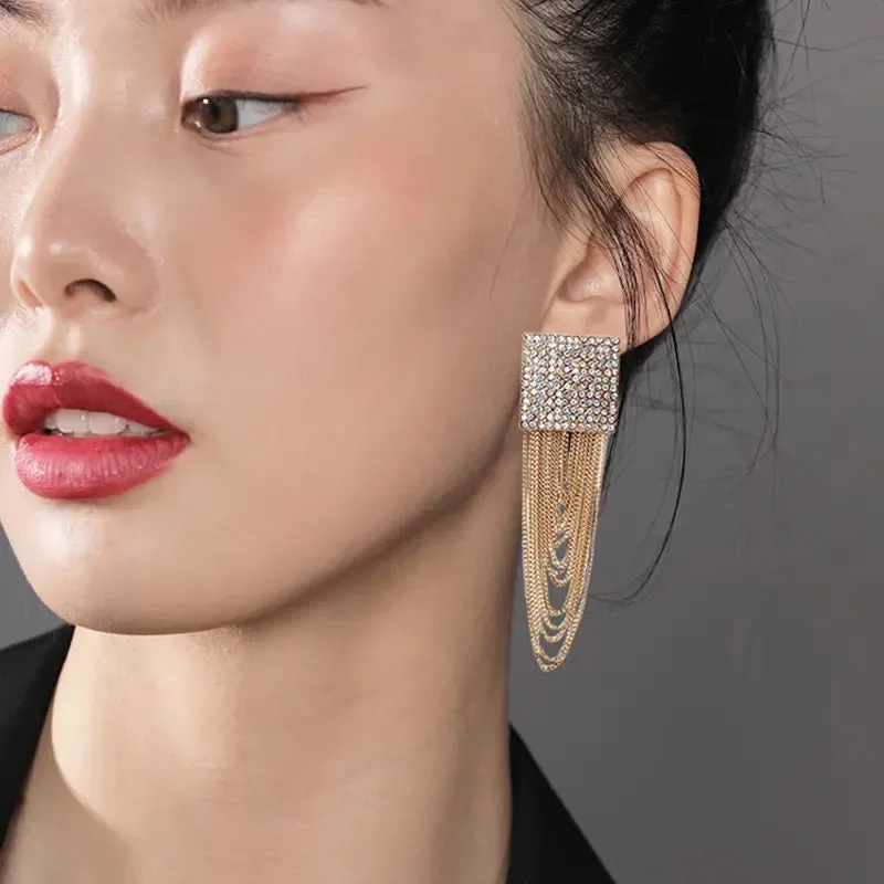 Mila Rhinestone Tassel Chain Earrings