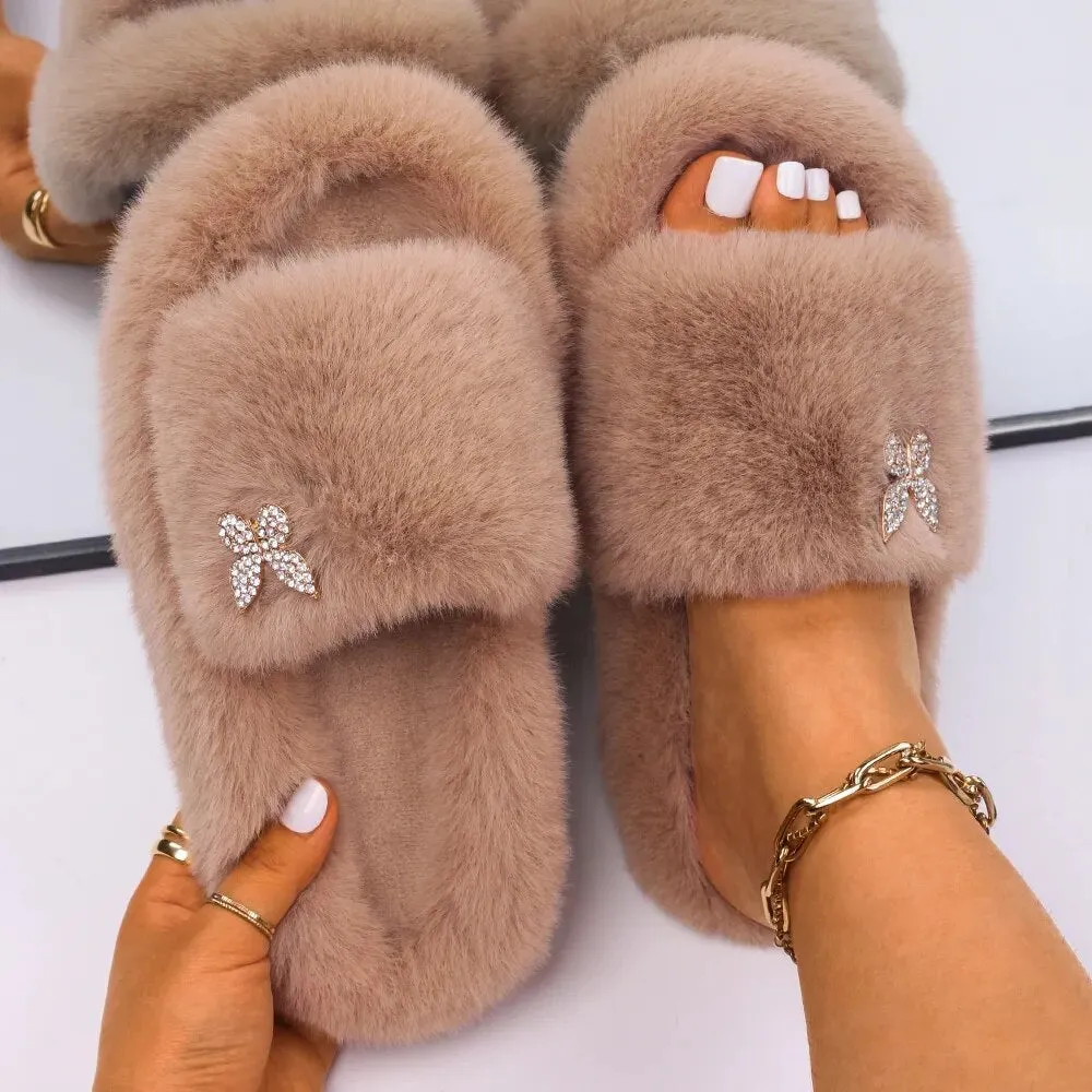 Plush Fur Slippers with a Butterfly for Women