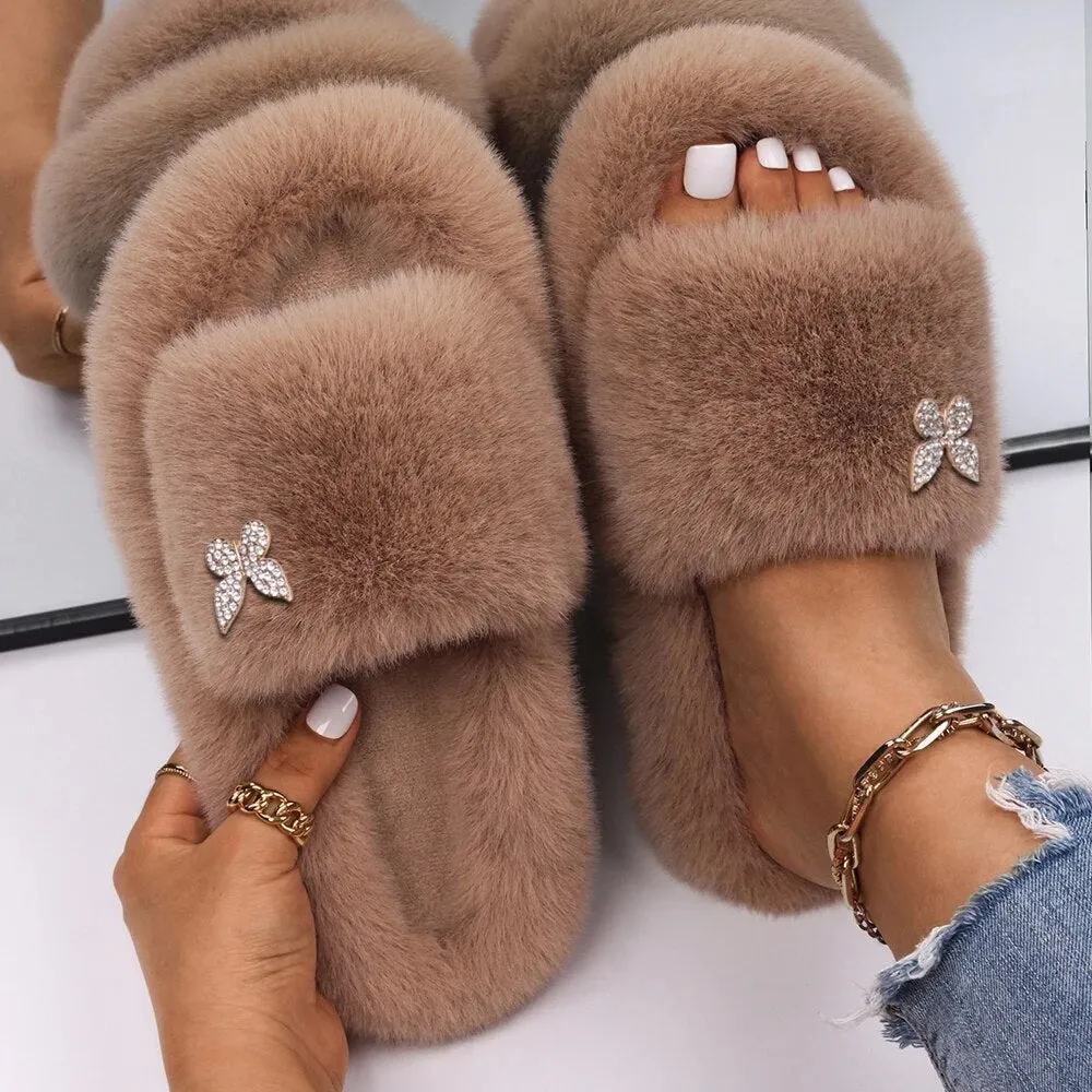 Plush Fur Slippers with a Butterfly for Women