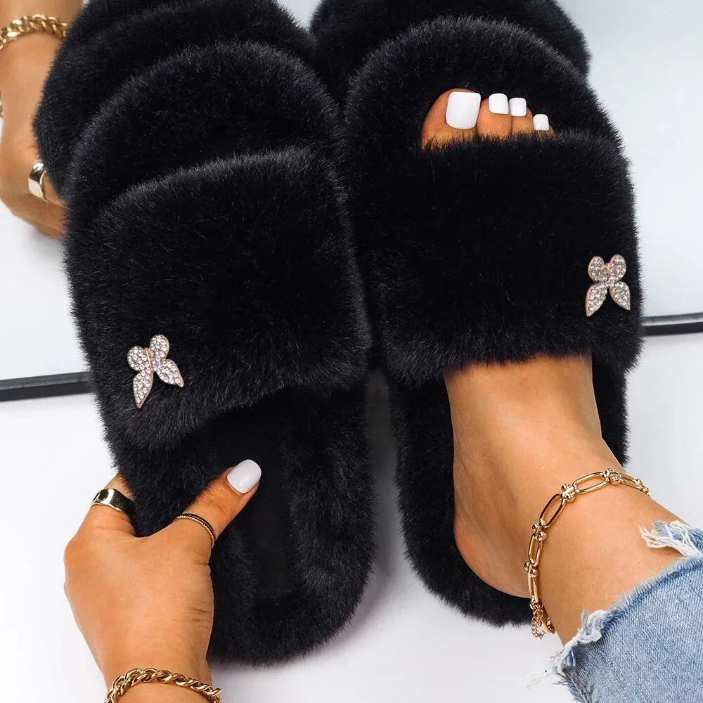 Plush Fur Slippers with a Butterfly for Women