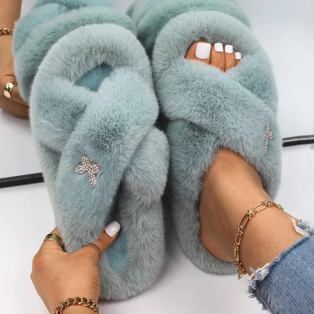 Plush Fur Slippers with a Butterfly for Women