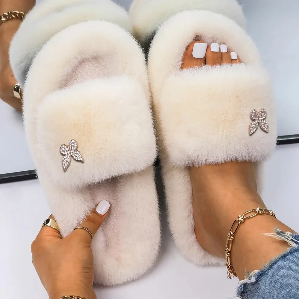 Plush Fur Slippers with a Butterfly for Women