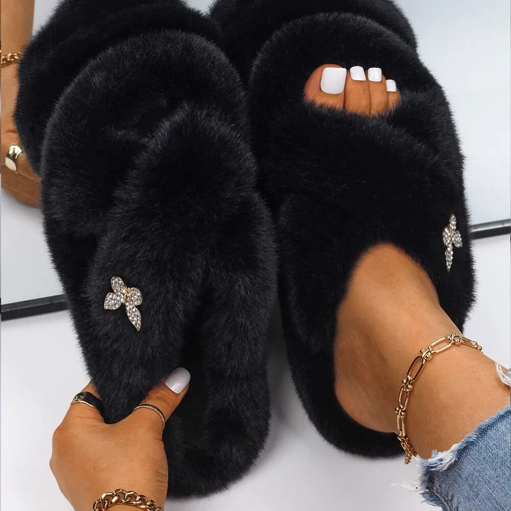 Plush Fur Slippers with a Butterfly for Women