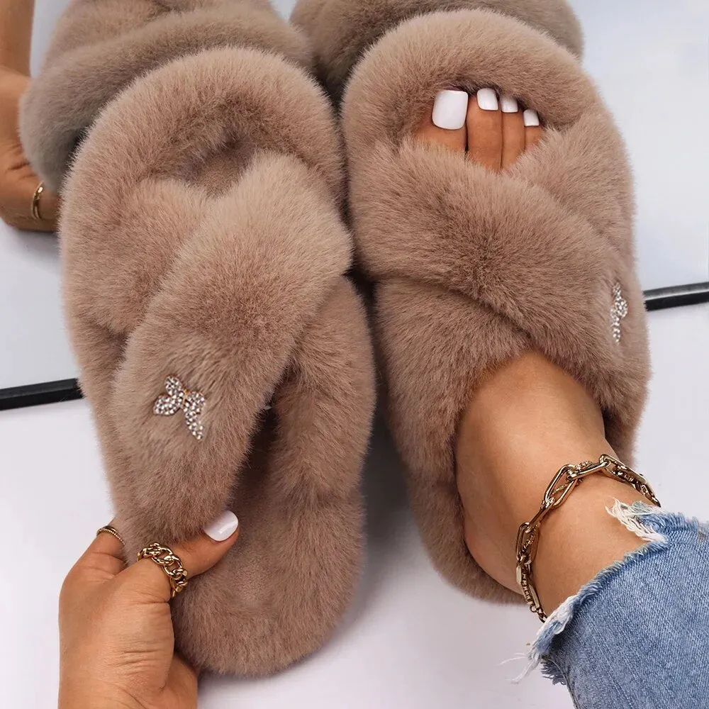 Plush Fur Slippers with a Butterfly for Women