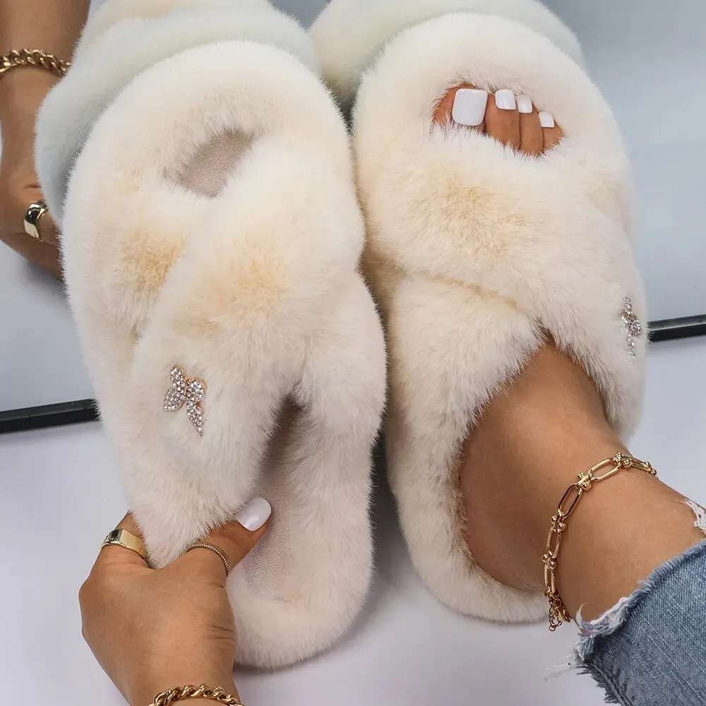 Plush Fur Slippers with a Butterfly for Women