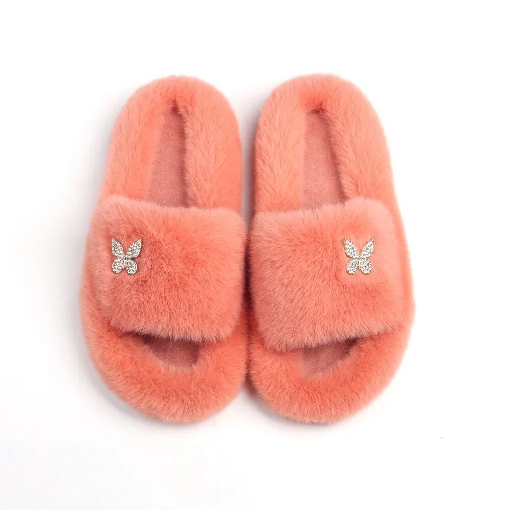 Plush Fur Slippers with a Butterfly for Women