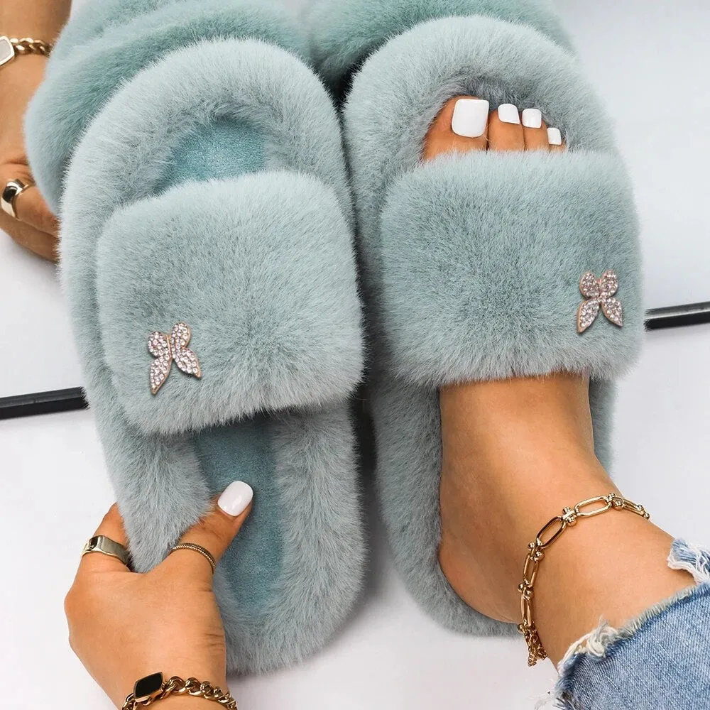 Plush Fur Slippers with a Butterfly for Women