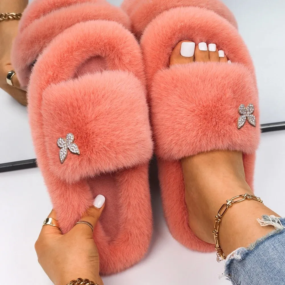 Plush Fur Slippers with a Butterfly for Women