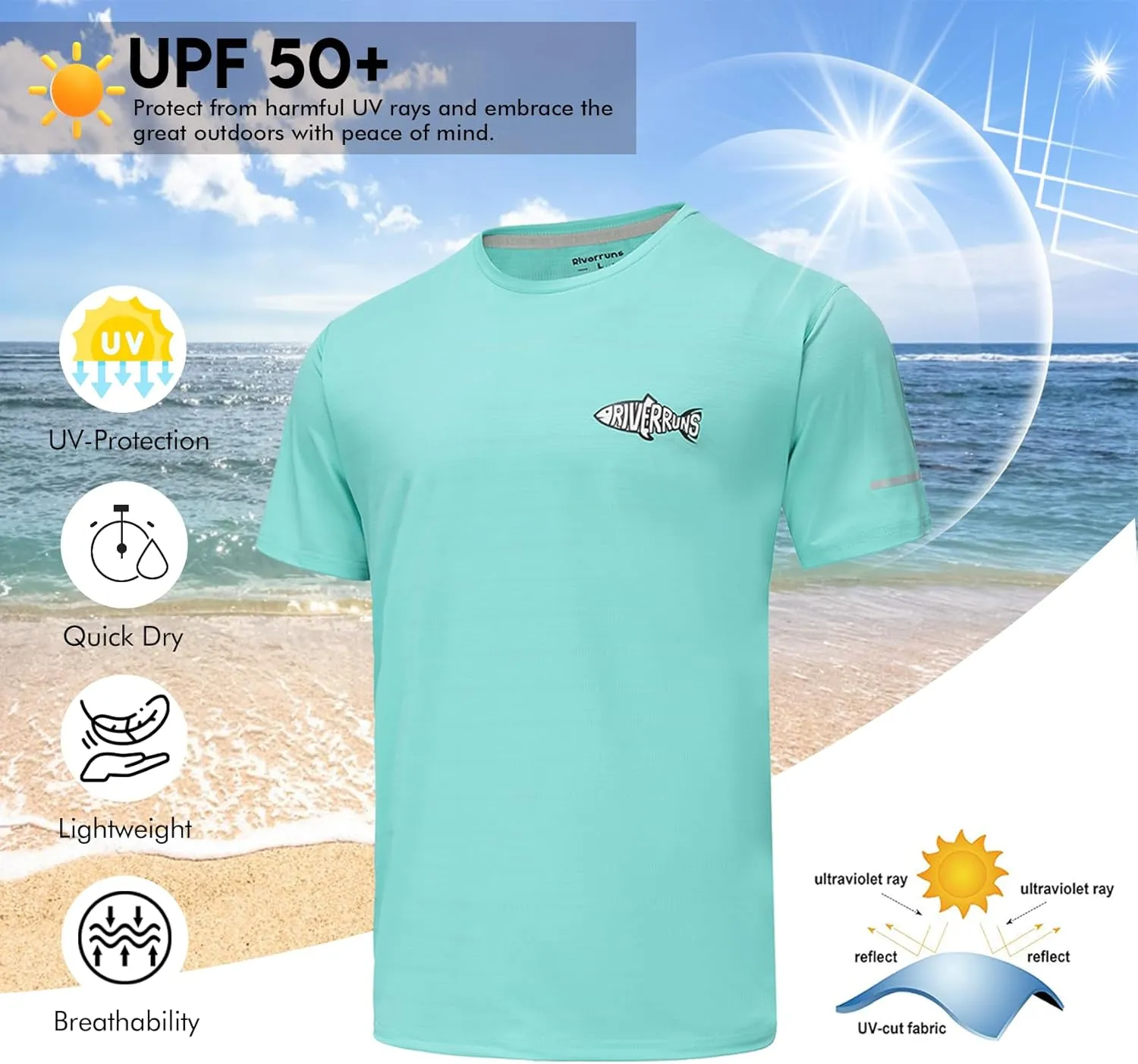 Riverruns Fishing Shirt for Men Short Sleeve UPF 50  Sun Protection Swim T-Shirt Rash Guard Water Beach Tee