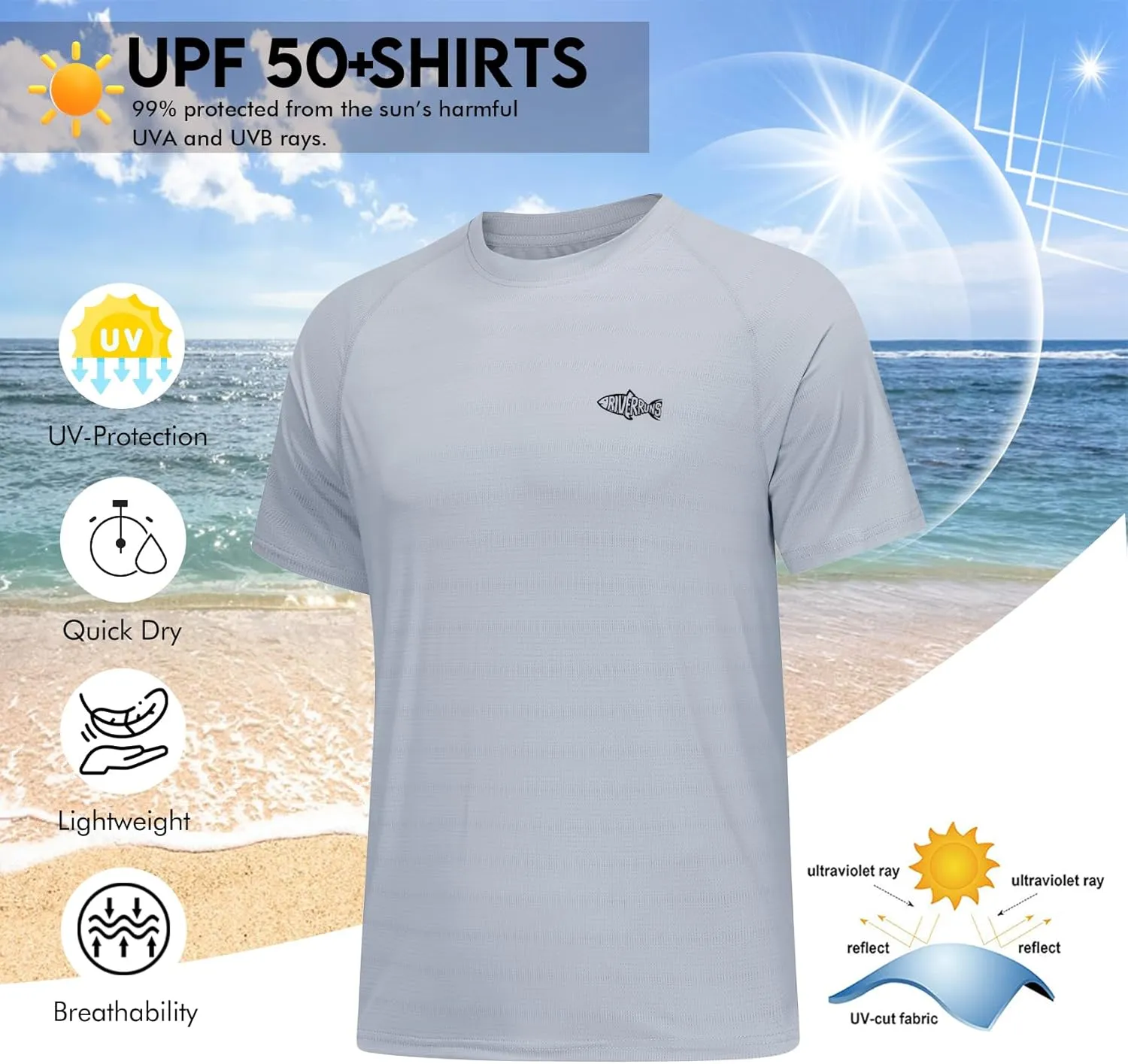 Riverruns Fishing Shirt for Men Short Sleeve UPF 50  Sun Protection Swim T-Shirt Rash Guard Water Beach Tee