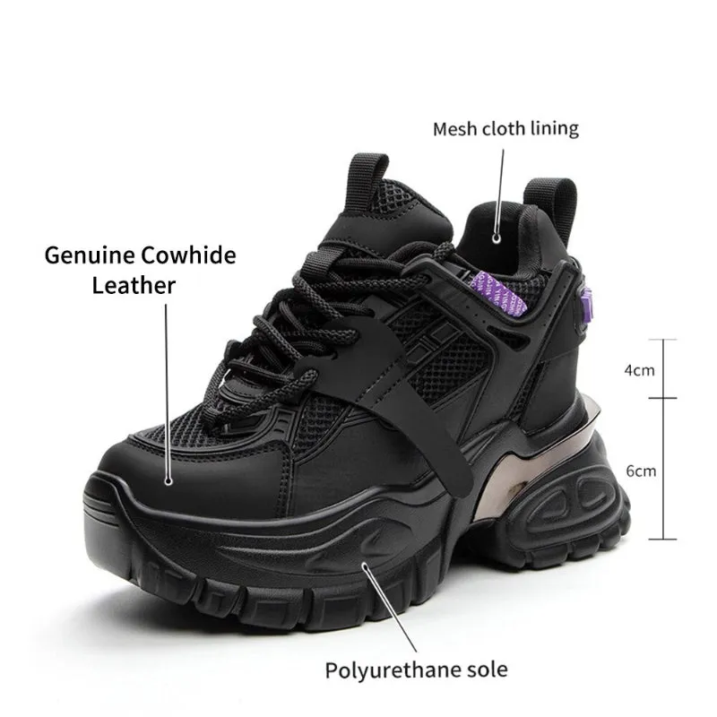 Round Toe Lace-Up Mesh Sneakers with Chunky 10cm Thick Heel