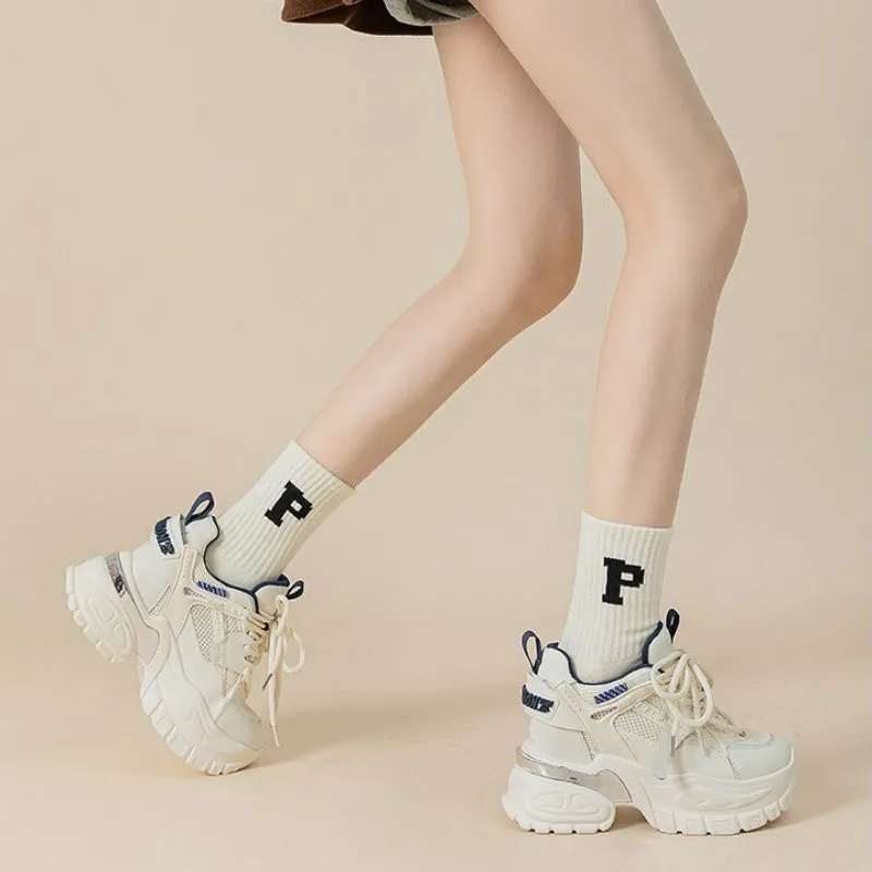 Round Toe Lace-Up Mesh Sneakers with Chunky 10cm Thick Heel