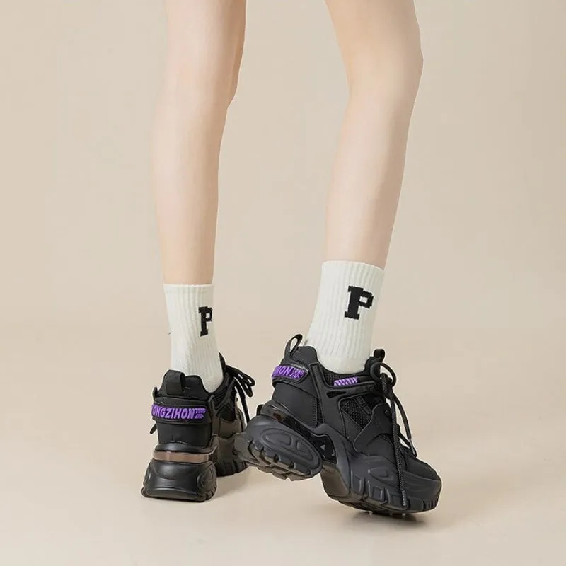Round Toe Lace-Up Mesh Sneakers with Chunky 10cm Thick Heel
