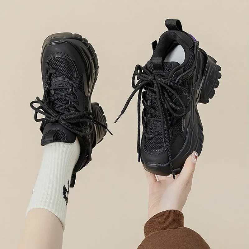 Round Toe Lace-Up Mesh Sneakers with Chunky 10cm Thick Heel