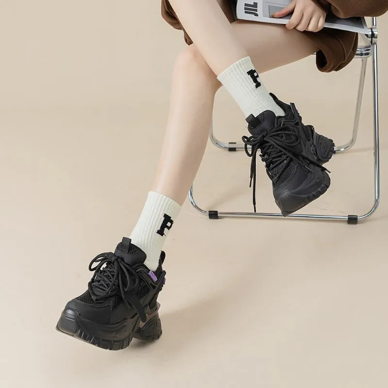 Round Toe Lace-Up Mesh Sneakers with Chunky 10cm Thick Heel