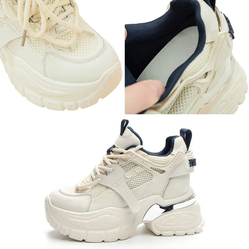 Round Toe Lace-Up Mesh Sneakers with Chunky 10cm Thick Heel