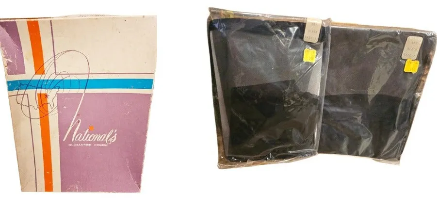 VINTAGE 1950s NEW 2 PAIR NATIONAL BLACK SEAMLESS SHEER TOE STOCKINGS IN SIZE 11